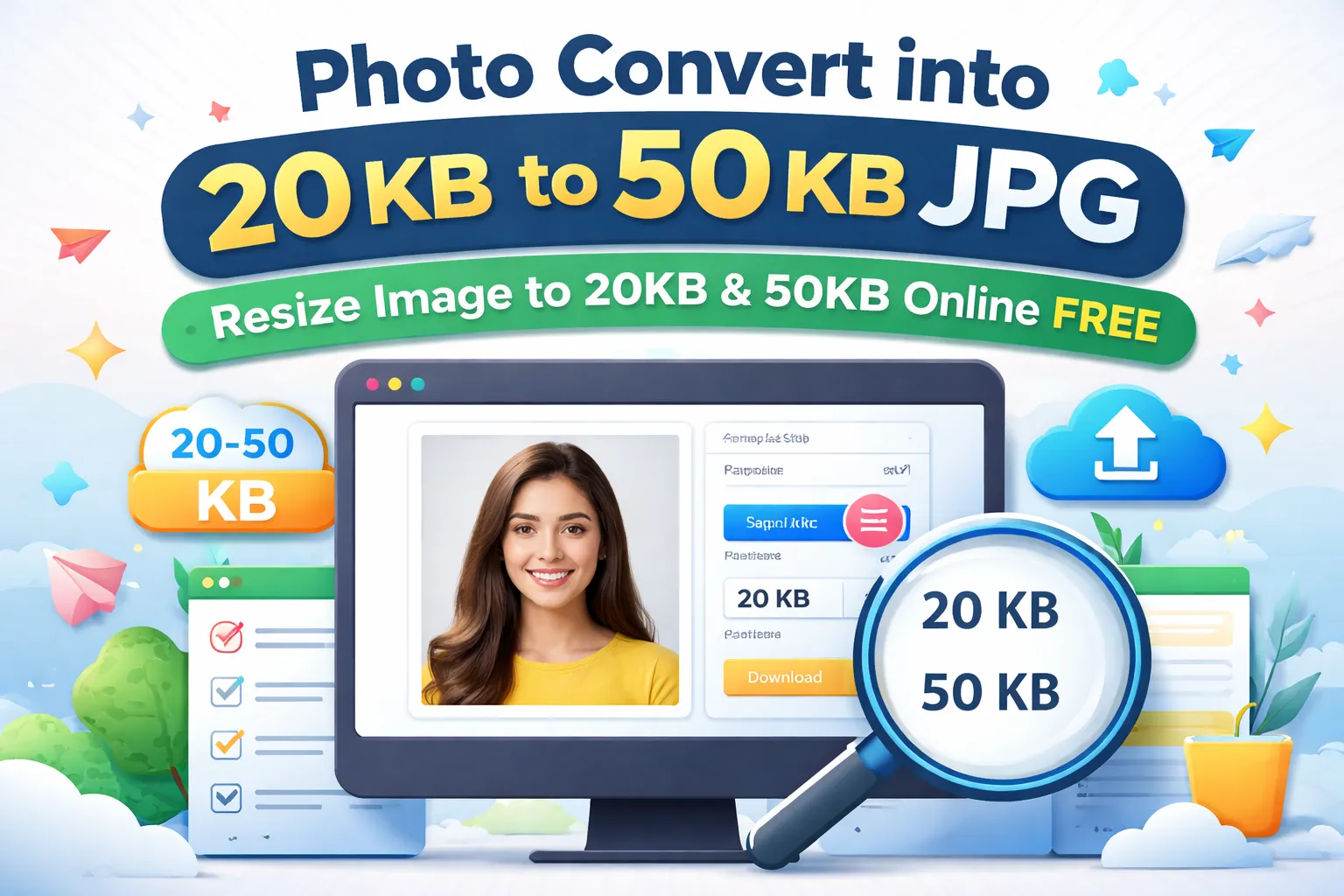 Resize image to 20KB, 30KB, 50KB or 100KB online free. Convert photo into 20 KB to 50 KB JPG easily for government forms, jobs, exams & applications without quality loss.