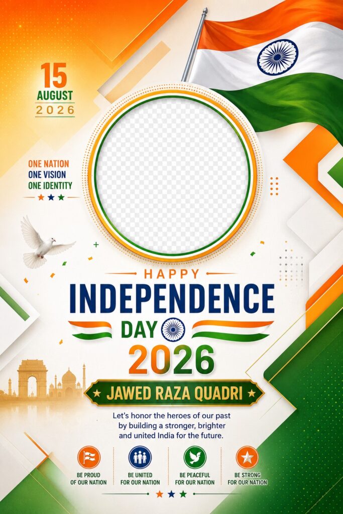Create a stylish Independence Day poster using orange to green gradients, geometric shapes, Indian flag, editable photo placeholder, luxury festival greeting.