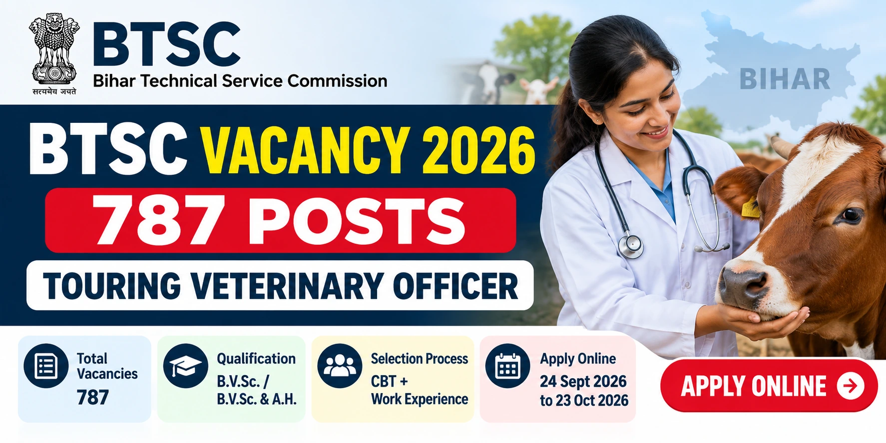 BTSC Vacancy 2026: 787 Veterinary Officer Posts, Apply Online