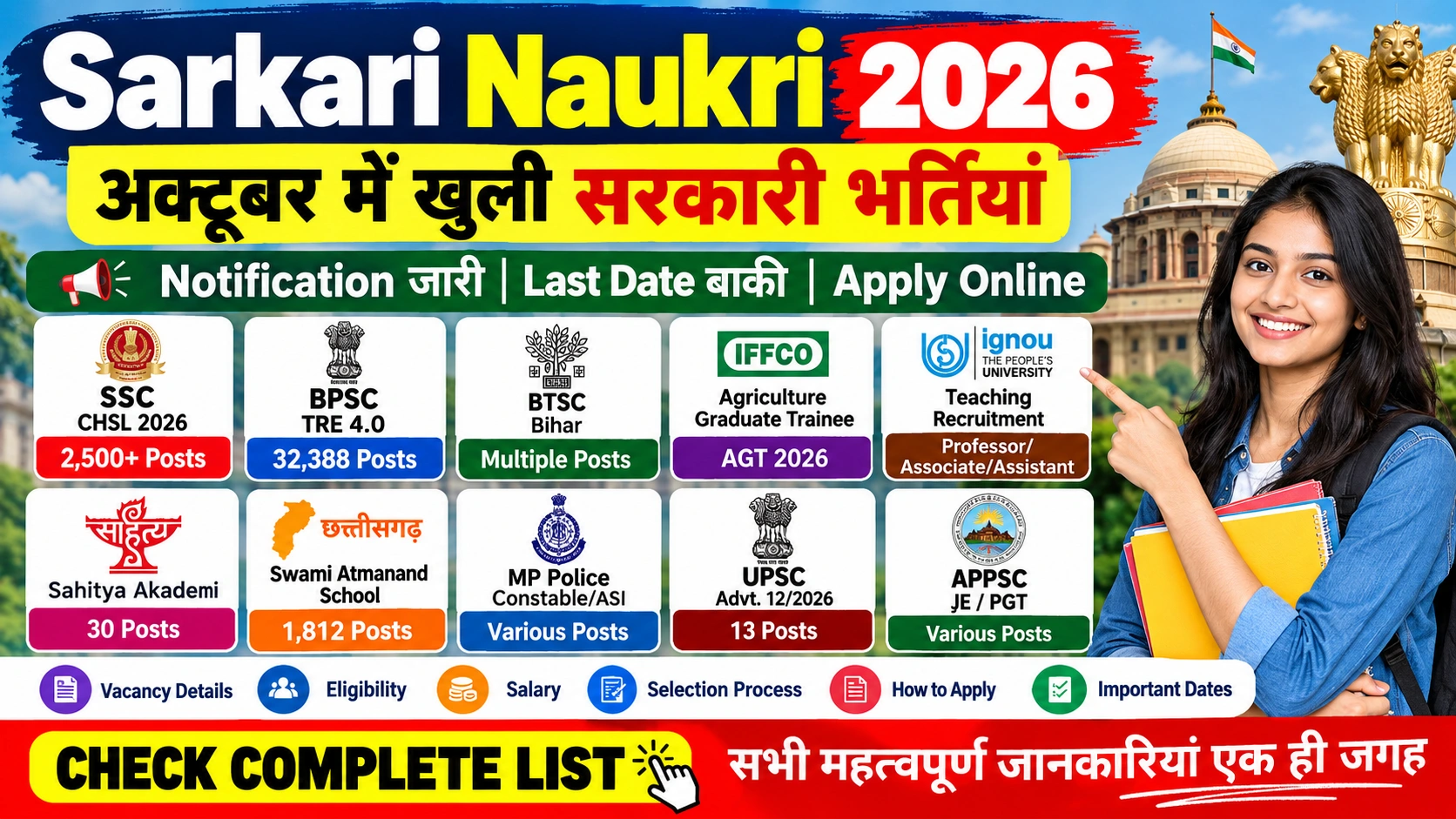 Sarkari Naukri 2026: अक्टूबर में Open सरकारी भर्ती, Last Date & Apply Online